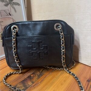 Tory Burch Black Leather Crossbody with Gold Chain Strap